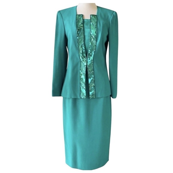 New Ursula Switzerland Jacket Skirt 2 Pc Set Sequined Beaded Teal Green Size 6